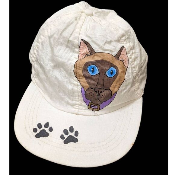 Siamese Cat Hand Painted Nylon Stretch Back Hat Cap Vintage‎ 90s FREE Shipping - Picture 1 of 4
